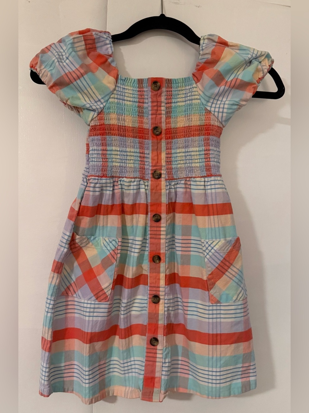 Wonder Nation Pastel Plaid Smocked Button-Front Dress NWOT Size 6-6X